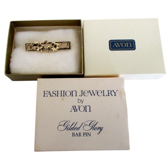 Avon Gilded Glory Bar Pin With Original Box - Vintage 80s Jewelry - Goldtone Flo - Picture 3 of 7